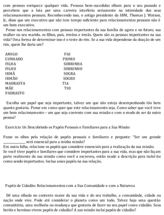 com	 pessoas	 enriquece	 qualquer	 vida.	 Pessoas	 bem-sucedidas	 olham	 para	 o	 seu	 passado	 e
percebem	 que	 a	 luta	 por	 uma	 carreira	 interferiu	 seriamente	 na	 intimidade	 dos	 seus
relacionamentos	pessoais.	Reconhecendo	isso,	o	antigo	presidente	da	IBM,	Thomas	J.	Watson,
Jr.,	disse	que	um	executivo	que	não	tem	tempo	su iciente	para	relacionamentos	pessoais	não	é
um	bom	executivo.
		Pense	nos	relacionamentos	com	pessoas	importantes	da	sua	famı́lia	de	agora	e	no	futuro,	sua
mulher	ou	seu	marido,	os	 ilhos,	pais,	irmãos	e	irmãs.	Quem	são	as	pessoas	importantes	na	sua
vida?	Uma	forma	de	determinar	isso	é	o	teste	do	rim.	Se	a	sua	vida	dependesse	da	doação	de	um
rim,	quem	lhe	daria	um?
	
		AMIGO																																																PAI
		CUNHADO																																									PRIMO
		FILHA																																																	SOBRINHA
		FILHO																																																	SOBRINHO
		IRMÃ																																																		SOGRA
		IRMÃO																																															SOGRO
		MADRASTA																																						TIA
		MÃE																																																				TIO
		PADRASTO
	
	 	 Escolha	 um	 papel	 que	 seja	 importante,	 talvez	 um	 que	 não	 esteja	 desempenhando	 tão	 bem
quanto	gostaria.	Pense	em	como	quer	que	este	relacionamento	seja.	Como	saber	que	você	teve
um	bom	relacionamento	–	um	que	seja	coerente	com	sua	missão	e	com	o	modo	de	ser	da	outra
pessoa?
	
		Exercício	16:	Descobrindo	os	Papéis	Pessoais	e	Familiares	para	a	Sua	Missão
	
Passe	 os	 olhos	 pela	 relação	 de	 papéis	 pessoais	 e	 familiares	 e	 pergunte:	 “Ser	 um	 grande
_______________	será	essencial	para	a	minha	missão?
Em	outra	folha,	relacione	os	papéis	que	considere	essenciais	para	a	realização	da	sua	missão.
Se	você	tiver	papéis	e	familiares	que	considere	importantes	para	a	sua	vida,	mas	que	não	façam
parte	realmente	da	sua	missão	como	você	a	escreveu,	então	mude	a	descrição	para	incluí-los
como	sendo	importantes.	Inclua	esses	papéis	na	sua	relação.
	
	
	
	
		Papéis	de	Cidadão:	Relacionamentos	com	a	Sua	Comunidade	e	com	a	Natureza
	
		 Dê	 uma	 olhada	 no	 contexto	 maior	 da	 sua	 vida	 e	 do	 seu	 trabalho,	 a	 comunidade,	 cidade	 ou
nação	 onde	 vive.	 Pode	 até	 considerar	 o	 planeta	 como	 um	 todo.	 Talvez	 haja	 uma	 questão
comunitária,	uma	melhoria	ou	mudança	que	gostaria	de	fazer	no	seu	papel	como	cidadão.	Seus
heróis	e	heroínas	vivem	papéis	de	cidadão?	A	sua	missão	inclui	papéis	de	cidadão?
 