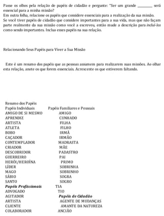 Passe	 os	 olhos	 pela	 relação	 de	 papéis	 de	 cidadão	 e	 pergunte:	 “Ser	 um	 grande	 __________	 será
essencial	para	a	minha	missão?
Em	outra	folha,	relacione	os	papéis	que	considere	essenciais	para	a	realização	da	sua	missão.
Se	você	tiver	papéis	de	cidadão	que	considere	importantes	para	a	sua	vida,	mas	que	não	façam
parte	realmente	da	sua	missão	como	você	a	escreveu,	então	mude	a	descrição	para	incluí-los
como	sendo	importantes.	Inclua	esses	papéis	na	sua	relação.
	
	
		
Relacionando	Seus	Papéis	para	Viver	a	Sua	Missão
	
	
		Este	é	um	resumo	dos	papéis	que	as	pessoas	assumem	para	realizarem	suas	missões.	Ao	olhar
esta	relação,	anote	os	que	forem	essenciais.	Acrescente	os	que	estiverem	faltando.
		
	
	
	
	
	
		Resumo	dos	Papéis
		Papéis	Individuais														Papéis	Familiares	e	Pessoais
		AMIGO	DE	SI	MESMO																	AMIGO
		APRENDIZ																																					CUNHADO
		ARTISTA																																								FILHA
		ATLETA																																										FILHO
		BOBO																																														IRMÃ
		CAÇADOR																																						IRMÃO
		CONTEMPLADOR																								MADRASTA
		CRIADOR																																							MÃE
		DESCOBRIDOR																													PADASTRO
		GUERREIRO																																		PAI
		HERÓI/HEROÍNA																										PRIMO
		LÍDER																																													SOBRINHA
		MAGO																																													SOBRINHO
		SÁBIO																																													SOGRA
		SANTO																																												SOGRO
		Papéis	Profissionais														TIA
		ADVOGADO																																		TIO
		AGITADOR																																				Papéis	de	Cidadão
		ARTISTA																																								AGENTE	DE	MUDANÇAS
		CLIENTE																																									AMANTE	DA	NATUREZA	
		COLABORADOR																											ANCIÃO
 