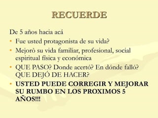 RECUERDE
De 5 años hacia acá
• Fue usted protagonista de su vida?
• Mejorò su vida familiar, profesional, social
espiritual física y económica
• QUE PASO? Donde acertó? En dónde falló?
QUE DEJÓ DE HACER?
• USTED PUEDE CORREGIR Y MEJORAR
SU RUMBO EN LOS PROXIMOS 5
AÑOS!!!
 