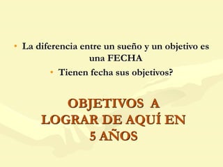 • La diferencia entre un sueño y un objetivo es
una FECHA
• Tienen fecha sus objetivos?
OBJETIVOS A
LOGRAR DE AQUÍ EN
5 AÑOS
 