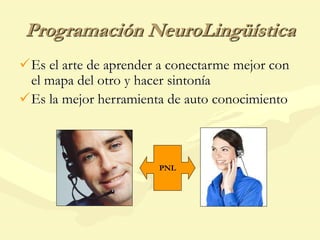 Programación NeuroLingüística
Es el arte de aprender a conectarme mejor con
el mapa del otro y hacer sintonía
Es la mejor herramienta de auto conocimiento
PNL
 