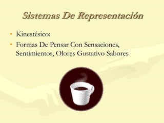 Sistemas De Representación
• Kinestésico:
• Formas De Pensar Con Sensaciones,
Sentimientos, Olores Gustativo Sabores
 
