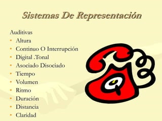 Sistemas De Representación
Auditivas
• Altura
• Continuo O Interrupción
• Digital .Tonal
• Asociado Disociado
• Tiempo
• Volumen
• Ritmo
• Duración
• Distancia
• Claridad
 