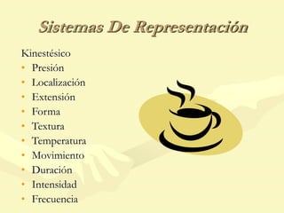 Sistemas De Representación
Kinestésico
• Presión
• Localización
• Extensión
• Forma
• Textura
• Temperatura
• Movimiento
• Duración
• Intensidad
• Frecuencia
 