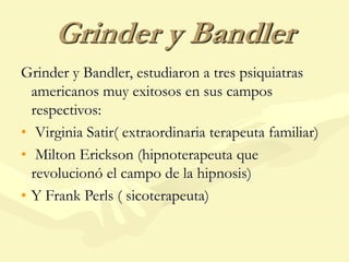 Grinder y Bandler
Grinder y Bandler, estudiaron a tres psiquiatras
americanos muy exitosos en sus campos
respectivos:
• Virginia Satir( extraordinaria terapeuta familiar)
• Milton Erickson (hipnoterapeuta que
revolucionó el campo de la hipnosis)
• Y Frank Perls ( sicoterapeuta)
 