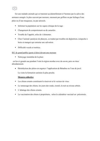 6
Est une maladie animale qui se transmet accidentellement à l’homme par la salive des
animaux enragés: le plus souvent par morsure, rarement par griffure ou par léchage d’une
plaie ou d’une muqueuse, ou par aérosols.
 Informer la population sur les signes clinique de la rage:
 Changement de comportement ou de caractère.
 Trouble de l’appétit, refus de s’alimenter.
 Chez l’animal: paralysie de pharynx, se traduit par troubles de déglutition, (empeche à
boire et manger) qui entraine une salivation.
 Difficulté vocale et motrice.
IEC de grand public (geste à faire) devant une morsure
 Nettoyage immédiat de la plaie:
on lave à grands eau pendant 5 min la région mordue avec du savon, puis on rince
abondamment.
 Désinfection des plaies en urgence: l’application de Bétadine ou l’eau de javel.
La visite la formation sanitaire la plus proche.
Mesures collective
 Les chiens errants constituent le réservoir et le vecteur de virus:
 Le ramassage des chiens, les jours des souks, (rural), la nuit au niveau urbain.
 L’abattage des chiens errants.
 La vaccination des chiens à propriétaire, selon le calendrier vaccinal est préconisée.
 