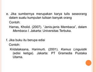 e. Jika sumbernya merupakan karya tulis seseorang
  dalam suatu kumpulan tulisan banyak orang
  Contoh:
  Harras, Kholid. (2007). “Jenis-jenis Membaca”, dalam
     Membaca I. Jakarta: Universitas Terbuka.

f. Jika buku itu berupa edisi
   Contoh:
    Kridalaksana, Harimurti. (2001). Kamus Linguistik
      (edisi ketiga). Jakarta: PT Gramedia Pustaka
      Utama.
 