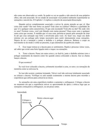 Intensidade
Retire a âncora aqui
Tempo
Coloque a
âncora aqui
não como um observador se vendo. Se puder se ver no quadro e não através de seus próprios
olhos, não está associado. Só no estado de associação você poderá realmente experimentar as
sensações e ancorá-las. O Capítulo 1.2 explica o conceito da associação/dissociação.
Quando estiver completamente associado e estiver lá, preste atenção ao que vê. Que
cores está vendo? São tons fortes ou pastel? Está claro ou confuso? Observe a qualidade do
que vê e qualquer outra característica. O que está escutando? Está alto ou não? De onde vêm
os sons? Existem vozes, você está falando com outras pessoas? Ouça esses sons e qualquer
outra coisa que escutar. À medida que vê essa cena, permita-se passar pela sensação de estar
lá até que essa sensação seja forte e envolvente para você. Ao fazer isso, toque seu dedo
mínimo em seu polegar pelo tempo necessário para sentir intensamente essas sensações.
Depois de ter a sensação e juntar o dedinho e o polegar, afaste-os. Balance o corpo ou
movimente-se de modo a voltar ao presente, ó que chamamos de quebra de estado.
5. Esse toque tornou-se a âncora para os sentimentos. Repita o processo várias vezes,
até saber que existe uma forte ligação entre o toque e as sensações.
6. Teste a âncora. Pense em outra coisa e, ao fazê-lo, junte o dedinho mínimo com o
polegar exatamente da maneira como fez quando estava colocando a âncora. Isso se chama
lançar a âncora.
O que acontece?
Se você tiver colocado a âncora, certamente recordará a cena, os sons e as sensações da
memória como se estivesse lá.
Se isso não ocorrer, continue treinando. Talvez você não estivesse totalmente associado
ao colocar a âncora. Verifique se está usando exatamente a mesma âncora para recordar a
experiência que utilizou para colocá-la no início.
As sensações em uma experiência tendem a aumentar e enfraquecer. Coloque a âncora
no momento em que a experiência estiver se aproximando do ápice e retire-a logo que as
sensações começarem a enfraquecer, ou um pouco antes.
 