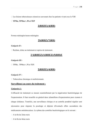 P a g e | 33
�Les lésions tuberculeuses extensives survenant chez les patients vivant avec le VIH
�TPMo, TPMoc+, PI et TEP
2(RHZE)/4(RH)
Formes méningées/neuro-méningées
2S(RHZ)/7(RH)
Catégorie II :
�Rechute, échec au traitement et reprise de traitement.
2 S(RHEZ)/1(RHEZ)/5(RH)E
Catégorie III :
�TPMo, TPMoc+, PI et TEP.
2(RHZE)/4(RH)
Catégorie IV :
�Tuberculose chronique et multirésistante.
Surveillance au cours du traitement :
Catégories I :
L'efficacité du traitement se mesure essentiellement par la négativation bactériologique de
l'expectoration. Il faut recueillir en général deux échantillons d'expectoration pour examen à
chaque échéance. Toutefois, une surveillance clinique et un contrôle pondéral régulier sont
nécessaires pour réajuster la posologie et dépister d'éventuels effets secondaires des
médicaments antituberculeux. Le rythme des contrôles bactériologiques est le suivant :
�A la fin du 2ème mois
�A la fin du 4ème mois
 