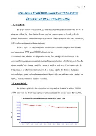 P a g e | 9
SITUATION ÉPIDÉMIOLOGIQUE ET TENDANCES
ÉVOLUTIVES DE LA TUBERCULOSE
1-L’infection :
Le risque annuel d’infection (RAI) est l’incidence annuelle des cas infectés par MTB
dans une collectivité ; il est habituellement exprimé en pourcentage et il est le reflet du
nombre de sources de contamination (c’est à-dire les TPM+) présentes dans cette collectivité,
indépendamment des activités de dépistage.
Un RAI égal à 1% va correspondre une incidence cumulée comprise entre 50 et 60
nouveaux cas de TPM+ pour 100000 habitants par an.
En raison de cette relation, le RAI permet donc de fixer les objectifs du dépistage et de
comparer l’incidence des cas déclarés avec celle des cas attendus, selon la valeur du RAI. Le
risque annuel d’infection est considéré comme le meilleur indicateur d’étude et de suivi de
l’incidence de la tuberculose dans un pays. Il se calcule à partir des données d’enquêtes
tuberculiniques qu’on réalise chez des enfants d’âge scolaire, de préférence non vaccinés par
le BCG ou non porteurs de cicatrice vaccinale.
2-La morbidité :
La tendance générale : La tuberculose est un problème de santé au Maroc, 25000 à
26000 nouveaux cas de tuberculose toutes formes sont dépistés chaque année depuis 2000.
L’incidence cumulée de la tuberculose toutes formes (TTF) est en moyenne de 82
nouveaux cas pour 100000 habitants et celle des tuberculoses pulmonaires à microscopie
positive est en moyenne de 39 pour 100000 habitants.
 