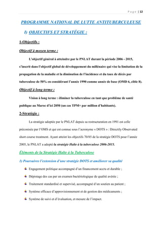 P a g e | 12
PROGRAMME NATIONAL DE LUTTE ANTITUBERCULEUSE
I) OBJECTIFS ET STRATÉGIE :
1-Objectifs :
Objectif à moyen terme :
L'objectif général à atteindre par le PNLAT durant la période 2006 - 2015,
s’inscrit dans l’objectif global de développement du millénaire qui vise la limitation de la
propagation de la maladie et la diminution de l’incidence et du taux de décès par
tuberculose de 50% en considérant l’année 1990 comme année de base (OMD 6, cible 8).
Objectif à long terme :
Vision à long terme : éliminer la tuberculose en tant que problème de santé
publique au Maroc d’ici 2050 (un cas TPM+ par million d’habitants).
2-Stratégie :
La stratégie adoptée par le PNLAT depuis sa restructuration en 1991 est celle
préconisée par l’OMS et qui est connue sous l’acronyme « DOTS » : Directily Observated
short course treatment. Ayant atteint les objectifs 70/85 de la stratégie DOTS pour l’année
2005, le PNLAT a adopté la stratégie Halte à la tuberculose 2006-2015.
Éléments de la Stratégie Halte à la Tuberculose
1) Poursuivre l’extension d’une stratégie DOTS et améliorer sa qualité
Engagement politique accompagné d’un financement accru et durable ;
Dépistage des cas par un examen bactériologique de qualité avérée ;
Traitement standardisé et supervisé, accompagné d’un soutien au patient ;
Système efficace d’approvisionnement et de gestion des médicaments ;
Système de suivi et d’évaluation, et mesure de l’impact.
 