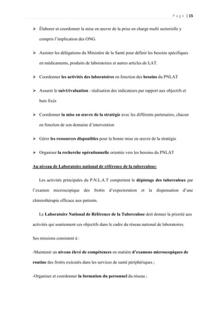 P a g e | 15
 Élaborer et coordonner la mise en œuvre de la prise en charge multi sectorielle y
compris l’implication des ONG.
 Assister les délégations du Ministère de la Santé pour définir les besoins spécifiques
en médicaments, produits de laboratoires et autres articles de LAT.
 Coordonner les activités des laboratoires en fonction des besoins du PNLAT
 Assurer le suivi/évaluation : réalisation des indicateurs par rapport aux objectifs et
buts fixés
 Coordonner la mise en œuvre de la stratégie avec les différents partenaires, chacun
en fonction de son domaine d’intervention
 Gérer les ressources disponibles pour la bonne mise en œuvre de la stratégie
 Organiser la recherche opérationnelle orientée vers les besoins du PNLAT
Au niveau de Laboratoire national de référence de la tuberculose:
Les activités principales du P.N.L.A.T comportent le dépistage des tuberculeux par
l’examen microscopique des frottis d’expectoration et la dispensation d’une
chimiothérapie efficace aux patients.
Le Laboratoire National de Référence de la Tuberculose doit donner la priorité aux
activités qui soutiennent ces objectifs dans le cadre du réseau national de laboratoires.
Ses missions consistent à :
-Maintenir un niveau élevé de compétences en matière d’examens microscopiques de
routine des frottis exécutés dans les services de santé périphériques ;
-Organiser et coordonner la formation du personnel du réseau ;
 