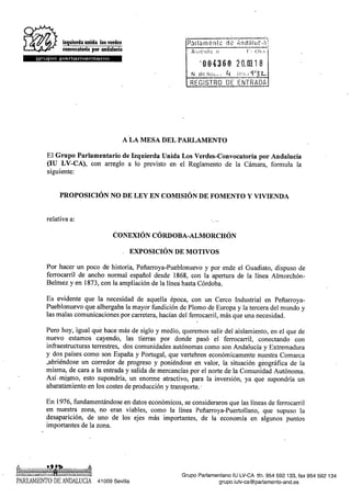 IU presenta en el Parlamento una proposición no de ley para la conexión ferroviaria Córdoba - Almorchón