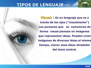 TIPOS DE LENGUAJE


        Visual: : Es un lenguaje que es a
        través de los ojos ("visualmente")
       Las personas que   se comunican de
        forma visual piensan en imágenes
       que representan ideas. Pueden crear
       imágenes de diversas ideas al mismo
        tiempo, mover esas ideas alrededor
                del tema central.




                                       JOSÈ
 