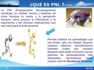 ¿QUE ES PNL ?
La PNL (Programación Neurolingüística)
constituye un modelo, formal y dinámico de
cómo funciona la mente y la percepción
humana, cómo procesa la información y la
experiencia y las diversas implicaciones que
esto tiene para el éxito personal.




                                     Permite cambiar los aprendizajes que
                                     nos limitan, que nos impiden alcanzar
                                     nuestros objetivos, permitiéndonos
                                     entender     cuales   son    nuestros
                                     bloqueos para poder encontrar nuevos
                                     patrones de comportamiento más
                                     adecuados,      elevándonos     hasta
                                     nuestro nivel de Excelencia Personal

   PNL                                                              SILVIA
 