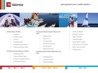 O Público Náutico PN Mídia
‣ Empresários
‣ Profissionais Liberais
‣ Executivos
‣ Funcionários Públicos
‣ Praticantes de Esportes Náuticos
‣ Profissionais do Mercado Náutico
O Perfil do Consumidor Náutico de PN Mídia
‣ Proprietários de Barcos
‣ Usuários do Mercado Náutico
‣ Os Futuros Compradores de Barcos
‣ Os Admiradores de Barcos
A Proposta de Vida do Consumidor Náutico de PN
Mídia
‣ Qualidade de vida
‣ Vida ao ar livre
‣ Convivência familiar
‣ Busca de lazer e aventuras
‣ Prática de Esportes
‣ Relacionamentos Sociais
Os Padrões do Estilo de Vida do Público Náutico PN
Mídia
‣ Estabilidade financeira
‣ Formadores de opinião
‣ Padrão de vida elevado
‣ Conforto e sofisticação
‣ Alto poder de consumo
‣ Ligados a tecnologia
‣ Consciência ecológica
‣ Valoriza a família e os amigos
‣ Investe em lazer, turismo, esportes
‣ Espírito ousado e aventureiro
‣ Formação Superior
para pessoas com o estilo náutico…
 