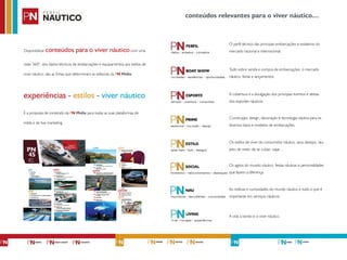 Disponibilizar conteúdos para o viver náutico com uma
visão 360º, dos dados técnicos de embarcações e equipamentos aos estilos de
viver náutico, são as linhas que determinam as editorias da PN Mídia.
experiências - estilos - viver náutico
É a proposta de conteúdo da PN Mídia para todas as suas plataformas de
mídia e de live marketing.
conteúdos relevantes para o viver náutico…
O perfil técnico das principais embarcações e estaleiros do
mercado nacional e internacional.
Tudo sobre venda e compra de embarcações, o mercado
náutico, feiras e lançamentos.
A cobertura e a divulgação dos principais eventos e atletas
dos esportes náuticos.
Construção, design, decoração e tecnologia náutica para os
diversos tipos e modelos de embarcações.
Os estilos de viver do consumidor náutico, seus desejos, seu
jeito de vestir, de se cuidar, viajar…
Os agitos do mundo náutico, festas náuticas e personalidades
que fazem a diferença.
As notícias e curiosidades do mundo náutico e tudo o que é
importante em serviços náuticos.
A vida a bordo e o viver náutico.
 