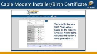 Cable Modem Installer/Birth Certificate
The installer is given
PASS / FAIL values
based on the modem
KPI data. No modems
will pass if they don’t
meet your criteria!
 