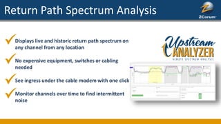 Return Path Spectrum Analysis
Displays live and historic return path spectrum on
any channel from any location
No expensive equipment, switches or cabling
needed
See ingress under the cable modem with one click
Monitor channels over time to find intermittent
noise
 