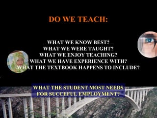DO WE TEACH: WHAT WE KNOW BEST? WHAT WE WERE TAUGHT? WHAT WE ENJOY TEACHING? WHAT WE HAVE EXPERIENCE WITH? WHAT THE TEXTBOOK HAPPENS TO INCLUDE? WHAT THE STUDENT MOST NEEDS FOR SUCCEFUL EMPLOYMENT? 