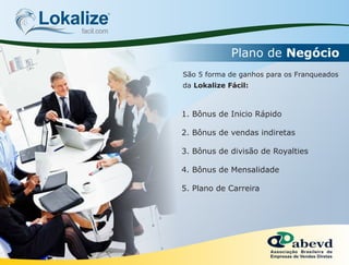 Plano de Negócio
Lokalizefacil.com
São 5 forma de ganhos para os Franqueados
da Lokalize Fácil:
1. Bônus de Inicio Rápido
2. Bônus de vendas indiretas
3. Bônus de divisão de Royalties
4. Bônus de Mensalidade
5. Plano de Carreira
 