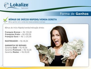 Lokalizefacil.com
Forma de Ganhos
BÔNUS DE INÍCIO RÁPIDO/VENDA DIRETA
Bônus ganhos com a venda dos nossos produtos e serviços
Bônus de início Rápido/venda/indicação direta:
Franquia Bronze = R$ 150,00
Franquias Prata = R$ 450,00
Franquia Ouro = R$ 1.125,00
RASTREADOR = R$ 48,00
GARANTIA DE REPARO
Garantia Gold = R$ 49,00
Garantia Premium = R$ 55,00
Garantia Master = R$ 69,00
 
