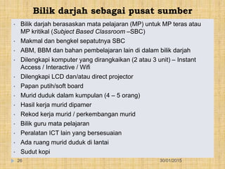 Bilik darjah sebagai pusat sumber
30/01/201526
• Bilik darjah berasaskan mata pelajaran (MP) untuk MP teras atau
MP kritikal (Subject Based Classroom –SBC)
• Makmal dan bengkel sepatutnya SBC
• ABM, BBM dan bahan pembelajaran lain di dalam bilik darjah
• Dilengkapi komputer yang dirangkaikan (2 atau 3 unit) – Instant
Access / Interactive / Wifi
• Dilengkapi LCD dan/atau direct projector
• Papan putih/soft board
• Murid duduk dalam kumpulan (4 – 5 orang)
• Hasil kerja murid dipamer
• Rekod kerja murid / perkembangan murid
• Bilik guru mata pelajaran
• Peralatan ICT lain yang bersesuaian
• Ada ruang murid duduk di lantai
• Sudut kopi
 