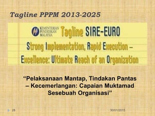 Tagline PPPM 2013-2025
30/01/201528
“Pelaksanaan Mantap, Tindakan Pantas
– Kecemerlangan: Capaian Muktamad
Sesebuah Organisasi”
 