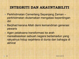 INTEGRITI DAN AKAUNTABILITI
30/01/201530
 Perkhidmatan Cemerlang Sepanjang Zaman –
perkhidmatan diutamakan mengatasi kepentingan
diri
 Berjihad kerana Allah demi kemandirian generasi
pewaris
 Agen pelaksana transformasi ke arah
merealisasikan sebuah negara bertamadun yang
rakyatnya hidup sejahtera di dunia dan bahagia di
akhirat
 