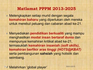 Matlamat PPPM 2013-2025
30/01/20158
 Melengkapkan setiap murid dengan segala
kemahiran baharu yang diperlukan oleh mereka
untuk merebut peluang dan cabaran abad ke-21.
 Menyediakan pendidikan berkualiti yang mampu
menghasilkan modal insan bertaraf dunia dan
mempunyai kemahiran kritikal abad ke-21,
termasuklah kemahiran insaniah (soft skills),
kemahiran berfikir aras tinggi (HOTS@KBAT)
serta pembangunan sahsiah yang holistik dan
seimbang.
 Melahirkan ‘global player’
 