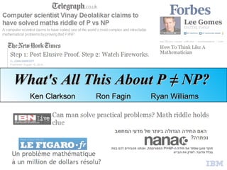 What's All This About P ≠ NP?  Ken Clarkson Ron Fagin Ryan Williams 