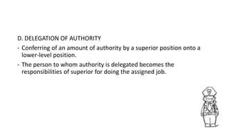 D. DELEGATION OF AUTHORITY
- Conferring of an amount of authority by a superior position onto a
lower-level position.
- The person to whom authority is delegated becomes the
responsibilities of superior for doing the assigned job.
 