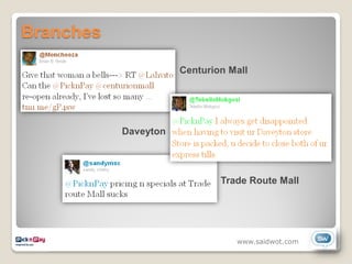 Branches

                      Centurion Mall




           Daveyton




                              Trade Route Mall




                                 www.saidwot.com
 