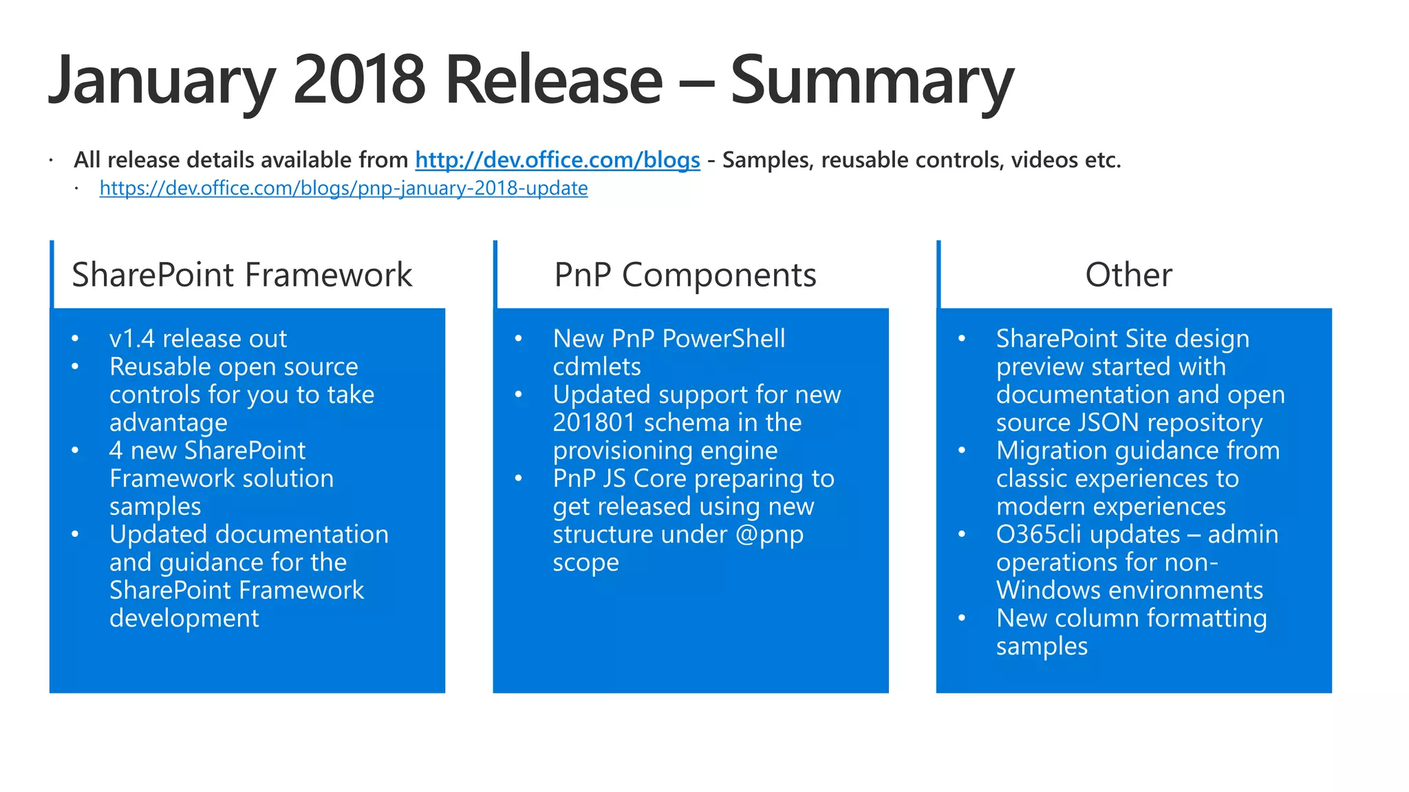 http://dev.office.com/blogs
https://dev.office.com/blogs/pnp-january-2018-update
 
