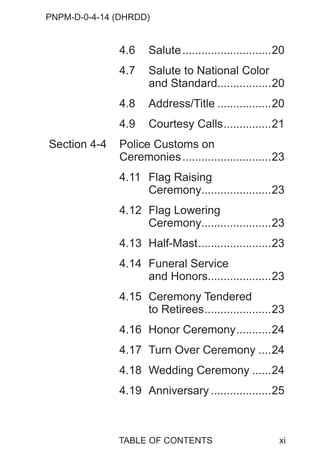 PNPM-D-0-4-14 (DHRDD)
xi
4.6 Salute............................20
4.7 Salute to National Color
and Standard.................20
4.8 Address/Title .................20
4.9 Courtesy Calls...............21
Section 4-4 Police Customs on
Ceremonies............................23
4.11 Flag Raising
Ceremony......................23
4.12 Flag Lowering
Ceremony......................23
4.13 Half-Mast.......................23
4.14 Funeral Service
and Honors....................23
4.15 Ceremony Tendered
to Retirees.....................23
4.16 Honor Ceremony...........24
4.17 Turn Over Ceremony ....24
4.18 Wedding Ceremony ......24
4.19 Anniversary ...................25
TABLE OF CONTENTS
 