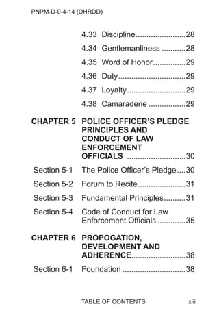 PNPM-D-0-4-14 (DHRDD)
xiii
4.33 Discipline.......................28
4.34 Gentlemanliness ...........28
4.35 Word of Honor...............29
4.36 Duty...............................29
4.37 Loyalty...........................29
4.38 Camaraderie .................29
CHAPTER 5 POLICE OFFICER’S PLEDGE
PRINCIPLES AND
CONDUCT OF LAW
ENFORCEMENT
OFFICIALS ...........................30
Section 5-1 The Police Officer’s Pledge....30
Section 5-2 Forum to Recite......................31
Section 5-3 Fundamental Principles..........31
Section 5-4 Code of Conduct for Law
Enforcement Officials .............35
CHAPTER 6 PROPOGATION,
DEVELOPMENT AND
ADHERENCE.........................38
Section 6-1 Foundation .............................38
TABLE OF CONTENTS
 