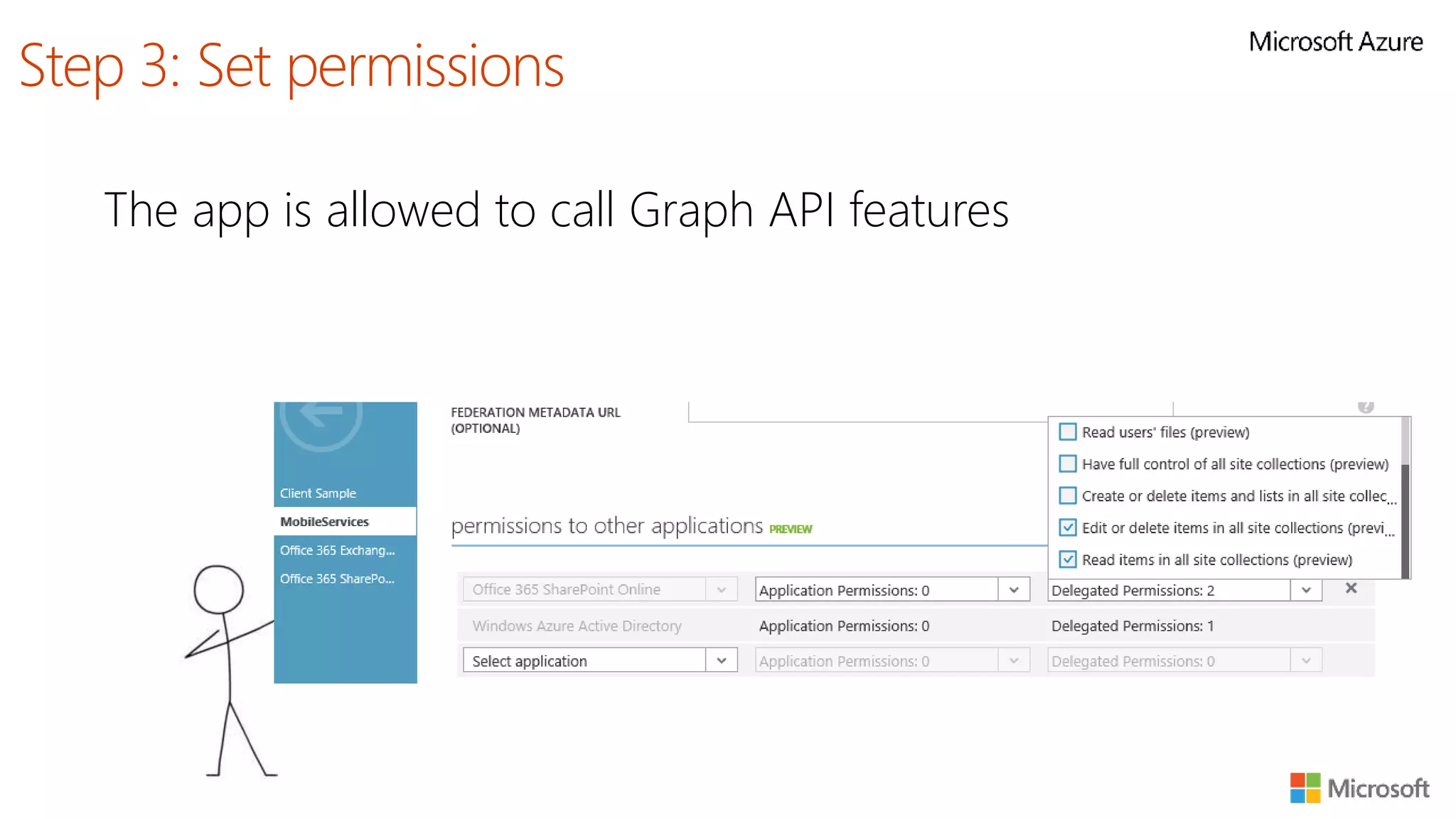 The app is allowed to call Graph API features
Step 3: Set permissions
 