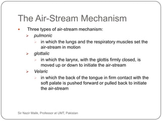 The Air-Stream Mechanism
         Three types of air-stream mechanism:
           pulmonic
              in which the lungs and the respiratory muscles set the
                air-stream in motion
           glottalic
              in which the larynx, with the glottis firmly closed, is
                moved up or down to initiate the air-stream
           Velaric
              in which the back of the tongue in firm contact with the
                soft palate is pushed forward or pulled back to initiate
                the air-stream




12   Sir Nazir Malik, Professor at UMT, Pakistan
 