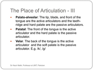 The Place of Articulation - III
          Palato-alveolar: The tip, blade, and front of the
           tongue are the active articulators and the teeth-
           ridge and hard palate are the passive articulators.
          Palatal: The front of the tongue is the active
           articulator and the hard palate is the passive
           articulator.
          Velar. The back of the tongue is the active
           articulator and the soft palate is the passive
           articulator. E.g. /k/, /g/




26   Sir Nazir Malik, Professor at UMT, Pakistan
 