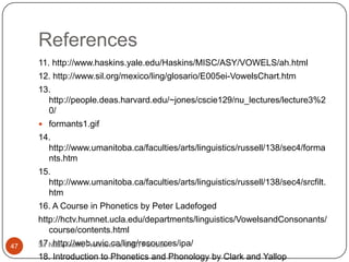 References
     11. http://www.haskins.yale.edu/Haskins/MISC/ASY/VOWELS/ah.html
     12. http://www.sil.org/mexico/ling/glosario/E005ei-VowelsChart.htm
     13.
       http://people.deas.harvard.edu/~jones/cscie129/nu_lectures/lecture3%2
       0/
      formants1.gif
     14.
       http://www.umanitoba.ca/faculties/arts/linguistics/russell/138/sec4/forma
       nts.htm
     15.
       http://www.umanitoba.ca/faculties/arts/linguistics/russell/138/sec4/srcfilt.
       htm
     16. A Course in Phonetics by Peter Ladefoged
     http://hctv.humnet.ucla.edu/departments/linguistics/VowelsandConsonants/
        course/contents.html
47   17. http://web.uvic.ca/ling/resources/ipa/
     Sir Nazir Malik, Professor at UMT, Pakistan
     18. Introduction to Phonetics and Phonology by Clark and Yallop
 