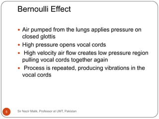 Bernoulli Effect

     Air pumped from the lungs applies pressure on
      closed glottis
     High pressure opens vocal cords
     High velocity air flow creates low pressure region
      pulling vocal cords together again
     Process is repeated, producing vibrations in the
      vocal cords




5   Sir Nazir Malik, Professor at UMT, Pakistan
 