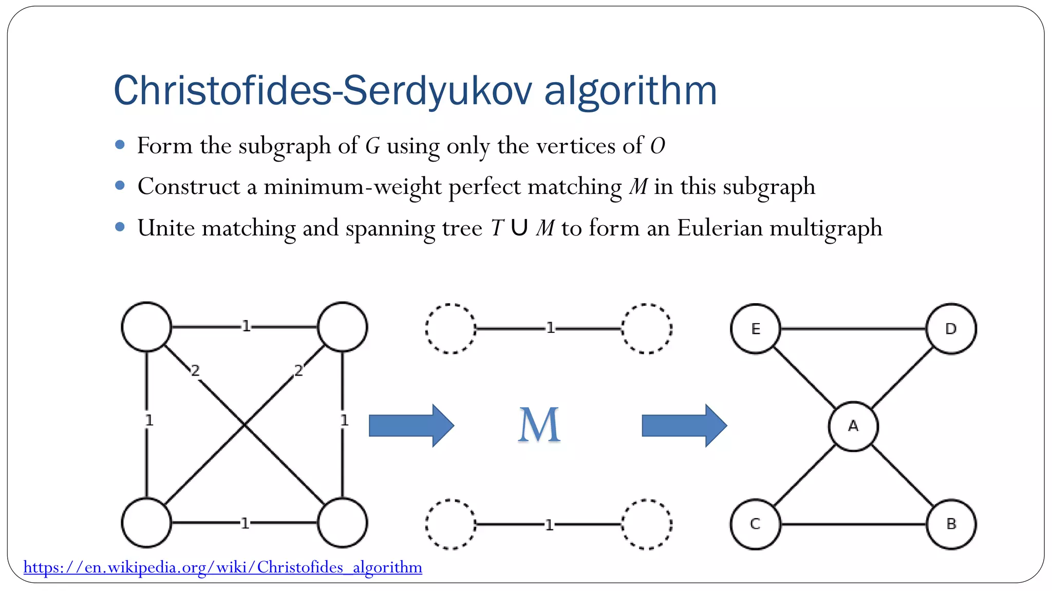 Christofides-Serdyukov algorithm
 Form the subgraph of G using only the vertices of O
 Construct a minimum-weight perfect matching M in this subgraph
 Unite matching and spanning tree T ∪ M to form an Eulerian multigraph
M
https://en.wikipedia.org/wiki/Christofides_algorithm
 