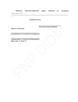 Additional Remarks:(Additional pages   attached  as   necessary)
______________
___________________________________________________________________
_.

                         Certified Correct:


                                       ___________________________
                                        (Summary Hearing Officer)
With our conformity:

________________________________
(Complainant or Counsel for Complainant)

_________________________________
(Respondent or Counsel for Respondent)
Basis: Sec 17, Rule 17
 