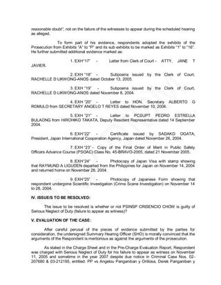 reasonable doubt”, not on the failure of the witnesses to appear during the scheduled hearing
as alleged.

               To form part of his evidence, respondents adopted the exhibits of the
Prosecution from Exhibits ―A‖ to ―P‖ and its sub exhibits to be marked as Exhibits ―1‖ to ―16‖.
He further submitted additional evidence marked as:

                      1. EXH ―17‖    -       Letter from Clerk of Court -   ATTY,   JANE     T
JAVIER.

                2. EXH ―18‖ -      Subpoena issued by the Clerk of Court,
RACHELLE D LIKWONG-ANOS dated October 13, 2005.

                3. EXH ―19‖ -     Subpoena issued by the Clerk of Court,
RACHELLE D LIKWONG-ANOS dated November 8, 2004.

                4. EXH ―20‖ -    Letter to HON. Secretary ALBERTO                            G
ROMULO from SECRETARY ANGELO T REYES dated November 10, 2004.

                 5. EXH ―21‖ -     Letter to PCSUPT PEDRO ESTRELLA
BULAONG from HIROHIKO TAKATA, Deputy Resident Representative dated 14 September
2004.

                      6. EXH ―22‖ -         Certificate issued by SADAKO OGATA,
President, Japan International Cooperation Agency, Japan dated November 26, 2004.

                    7. EXH ―23‖ - Copy of the Final Order of Merit in Public Safety
Officers Advance Course (PSOAC) Class No. 45-BRAVO-2005, dated 21 November 2005.

                    8. EXH ―24‖ -       Photocopy of Japan Visa with stamp showing
that RAYMUND A LIGUDEN departed from the Philippines for Japan on November 14, 2004
and returned home on November 28, 2004.

                   9. EXH ―25‖ -            Photocopy of Japanese Form showing that
respondent undergone Scientific Investigation (Crime Scene Investigation) on November 14
to 28, 2004.

IV. ISSUE/S TO BE RESOLVED:

       The issue to be resolved is whether or not PSINSP CRISENCIO CHOW is guilty of
Serious Neglect of Duty (failure to appear as witness)?

V. EVALUATION OF THE CASE:

       After careful perusal of the pieces of evidence submitted by the parties for
consideration, the undersigned Summary Hearing Officer (SHO) is morally convinced that the
arguments of the Respondent is meritorious as against the arguments of the prosecution.

      As stated in the Charge Sheet and in the Pre-Charge Evaluation Report, Respondent
was charged with Serious Neglect of Duty for his failure to appear as witness on November
11, 2005 and sometime in the year 2007 despite due notice in Criminal Case Nos. 02-
207680 & 03-212195, entitled: PP vs Angelou Panganiban y Orillosa, Derek Panganiban y
 
