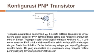 Konfigurasi PNP Transistor
Tegangan antara Basis dan Emitor( VBE ), negatif di Basis dan positif di Emitor
karena untuk transistor PNP, terminal Basis selalu bias negative sehubungan
dengan Emitor. Tegangan suplai Emitor positif terhadap Kolektor( VCE ). Jadi
untuk transistor PNP untuk melakukan Emitor selalu lebih positif sehubungan
dengan Basis dan Kolektor. Emitor terhubung ketegangan suplaiVCC dengan
resistor beban, RL yang membatasi arus maksimum yang mengalir melalui
perangkat yang terhubung ke terminal kolektor.
 