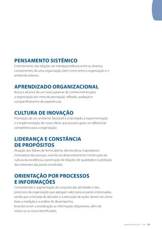 Critérios de Excelência 2010 | FNQ | 15
PENSAMENTO SISTÊMICO
Entendimento das relações de interdependência entre os diversos
componentes de uma organização, bem como entre a organização e o
ambiente externo.
APRENDIZADO ORGANIZACIONAL
Busca e alcance de um novo patamar de conhecimento para
a organização por meio de percepção, reflexão, avaliação e
compartilhamento de experiências.
CULTURA DE INOVAÇÃO
Promoção de um ambiente favorável à criatividade, à experimentação
e à implementação de novas ideias que possam gerar um diferencial
competitivo para a organização.
LIDERANÇA E CONSTÂNCIA
DE PROPÓSITOS
Atuação dos líderes de forma aberta, democrática, inspiradora e
motivadora das pessoas, visando ao desenvolvimento ininterrupto da
cultura da excelência, à promoção de relações de qualidade e à proteção
dos interesses das partes envolvidas.
ORIENTAÇÃO POR PROCESSOS
E INFORMAÇÕES
Compreensão e segmentação do conjunto das atividades e dos
processos da organização que agregam valor para as partes interessadas,
sendo que a tomada de decisões e a execução de ações devem ter como
base a medição e a análise do desempenho,
levando-se em consideração as informações disponíveis, além de
incluir-se os riscos identificados.
 