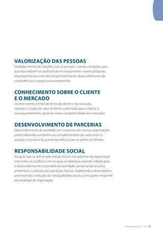 Critérios de Excelência 2010 | FNQ | 17
VALORIZAÇÃO DAS PESSOAS
Estabelecimento de relações com as pessoas, criando condições para
que elas realizem-se profissional e humanamente, maximizando seu
desempenho por meio de comprometimento, desenvolvimento de
competências e espaço para empreender.
CONHECIMENTO SOBRE O CLIENTE
E O MERCADO
Conhecimento e entendimento do cliente e do mercado,
visando à criação de valor de forma sustentada para o cliente e,
consequentemente, gerando maior competitividade nos mercados.
DESENVOLVIMENTO DE PARCERIAS
Desenvolvimento de atividades em conjunto com outras organizações,
potencializando competências complementares de cada uma e a
atuação conjunta e buscando benefícios para as partes envolvidas.
RESPONSABILIDADE SOCIAL
Atuação que se define pela relação ética e transparente da organização
com todos os públicos com os quais se relaciona, estando voltada para
o desenvolvimento sustentável da sociedade, preservando recursos
ambientais e culturais para gerações futuras, respeitando a diversidade e
promovendo a redução das desigualdades sociais como parte integrante
da estratégia da organização.
 