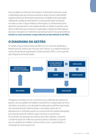 Critérios de Excelência 2010 | FNQ | 21
Esses resultados, em forma de informações e conhecimento, retornam a toda
a organização, para que esta possa executar as ações e buscar o aprendizado
organizacional. Essas informações representam a inteligência da organização,
viabilizando a análise do desempenho e a execução das ações necessárias,
em todos os níveis. A figura enfatiza as informações e o conhecimento como
elementos que permitem a inter-relação de todos os critérios e, portanto, entre
todos os elementos que constituem a organização. A gestão das informações e
dos ativos intangíveis é um elemento essencial à jornada em busca da excelência.
Conclui-se, nesse momento, a etapa referente ao Aprendizado (L) do PDCL.
O DIAGRAMA DA GESTÃO
Em adição à figura representativa do MEG, em um nível mais detalhado, o
Modelo permite verificar, por meio dos oito Critérios, se a implementação do
sistema de gestão da organização incorpora de fato o PDCL, como sugerido
pelo Diagrama da Gestão abaixo.
O Diagrama considera, em seu movimento, que a definição das práticas de
gestão e de seus padrões de trabalho está presente na organização de forma
sistemática. As práticas, com abrangência adequada ao perfil da organização,
são sistematicamente implementadas e executadas a partir de um
planejamento e verificadas quanto ao cumprimento dos padrões planejados,
promovendo ações de melhoria, sejam corretivas ou preventivas.
Os resultados da aplicação das práticas são então avaliados, sucitando
a implementação de melhorias quanto às práticas adotadas ou quanto
aos seus padrões de trabalho e promovendo, assim, o aprendizado e a
integração do sistema gerencial.
Definição das
práticas e padrões
Planejamento
da execução
Ação
Execução
Verificação
Melhoria Avaliação
 