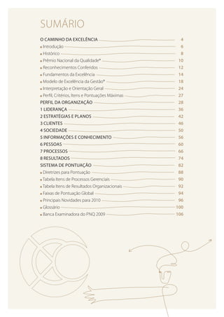 SUMÁRIO
o caminho da excelência 	 4
n Introdução 	 6
n Histórico 	 8
n Prêmio Nacional da Qualidade® 	 10
n Reconhecimentos Conferidos 	 12
n Fundamentos da Excelência 	 14
n Modelo de Excelência da Gestão®	 18
n Interpretação e Orientação Geral 	 24
n Perfil, Critérios, Itens e Pontuações Máximas 	 27
Perfil da Organização 	 28
1 Liderança 	 36
2 Estratégias E Planos 	 42
3 Clientes 	 46
4 Sociedade 	 50
5 Informações E Conhecimento 	 56
6 Pessoas 	 60
7 Processos 	 66
8 Resultados 	 74
sistema de pontuação 	 82
n Diretrizes para Pontuação 	 88
n Tabela Itens de Processos Gerenciais 	 90
n Tabela Itens de Resultados Organizacionais 	 92
n Faixas de Pontuação Global 	 94
n Principais Novidades para 2010 	 96
n Glossário 	 100
n Banca Examinadora do Pnq 2009 	 106
 