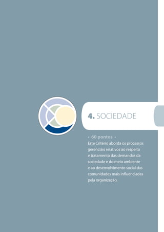 • 60 pontos •
Este Critério aborda os processos
gerenciais relativos ao respeito
e tratamento das demandas da
sociedade e do meio ambiente
e ao desenvolvimento social das
comunidades mais influenciadas
pela organização.
4. SOCIEDADE
 
